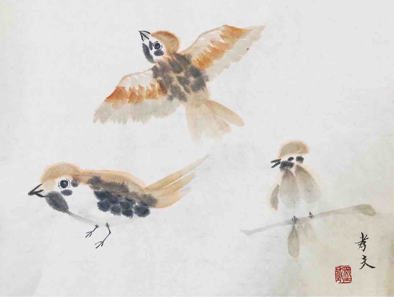 国際墨画会英語クラス 雀とウグイスを描く 橙月水墨画教室 Sumi E Class In Tokyo