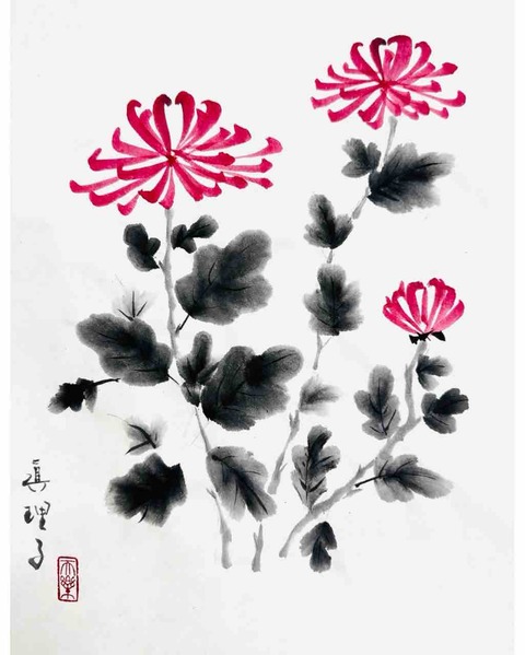 用賀教室（日曜と金曜）基礎クラス 菊を描く : 橙月水墨画教室