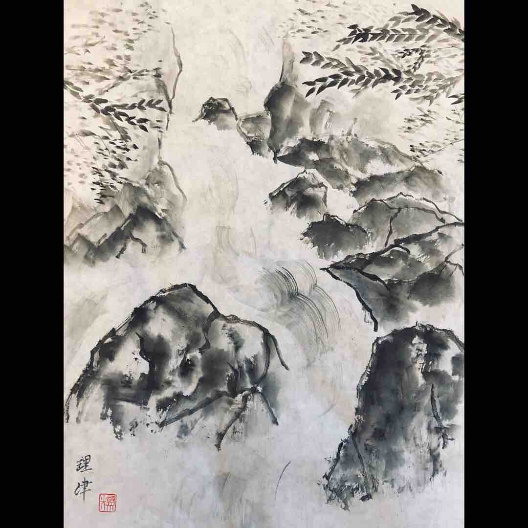 用賀教室 渓流を描く : 橙月水墨画教室 Sumi-e class in Tokyo