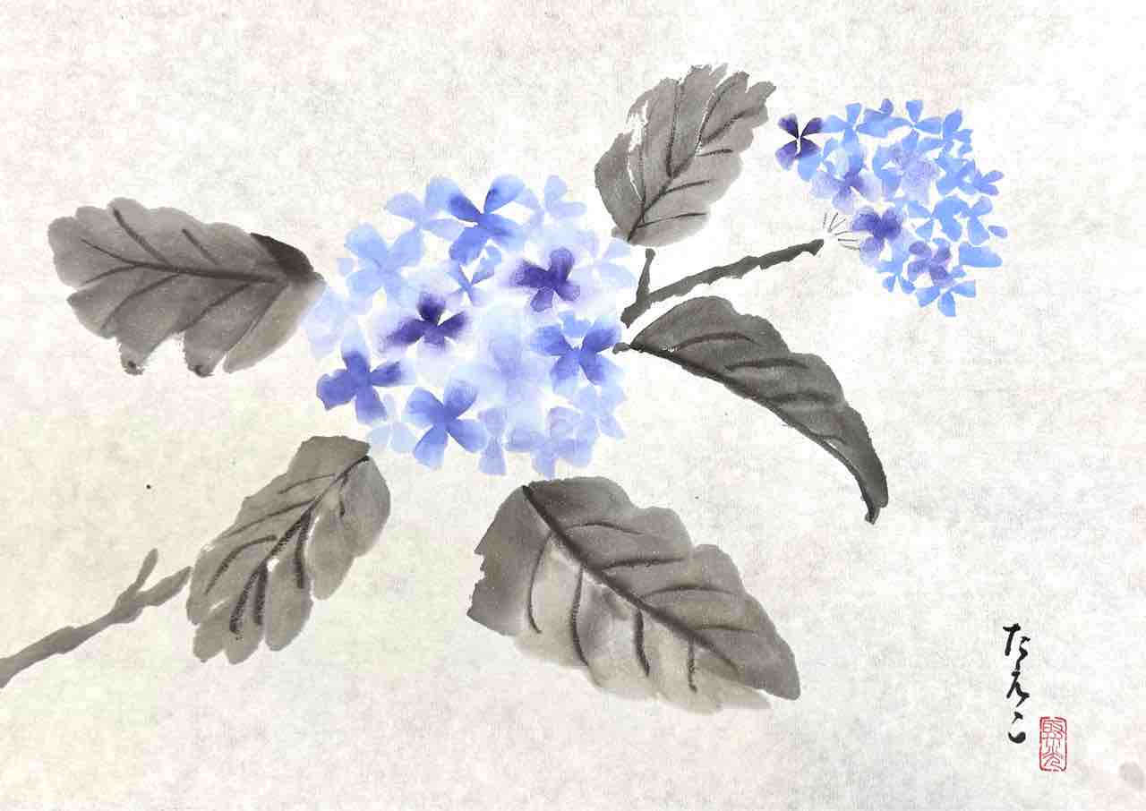用賀金曜教室 紫陽花を描く : 橙月水墨画教室 Sumi-e class in Tokyo