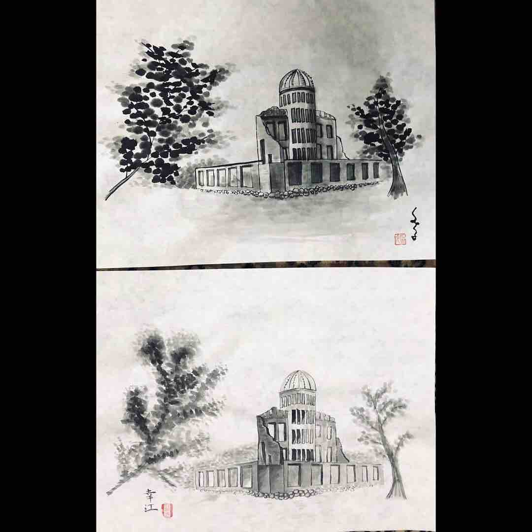 水墨画 日本の伝統的な建物自作 水墨画 日本の伝統的な建物自作 講師資格コース「建物のある風景画」