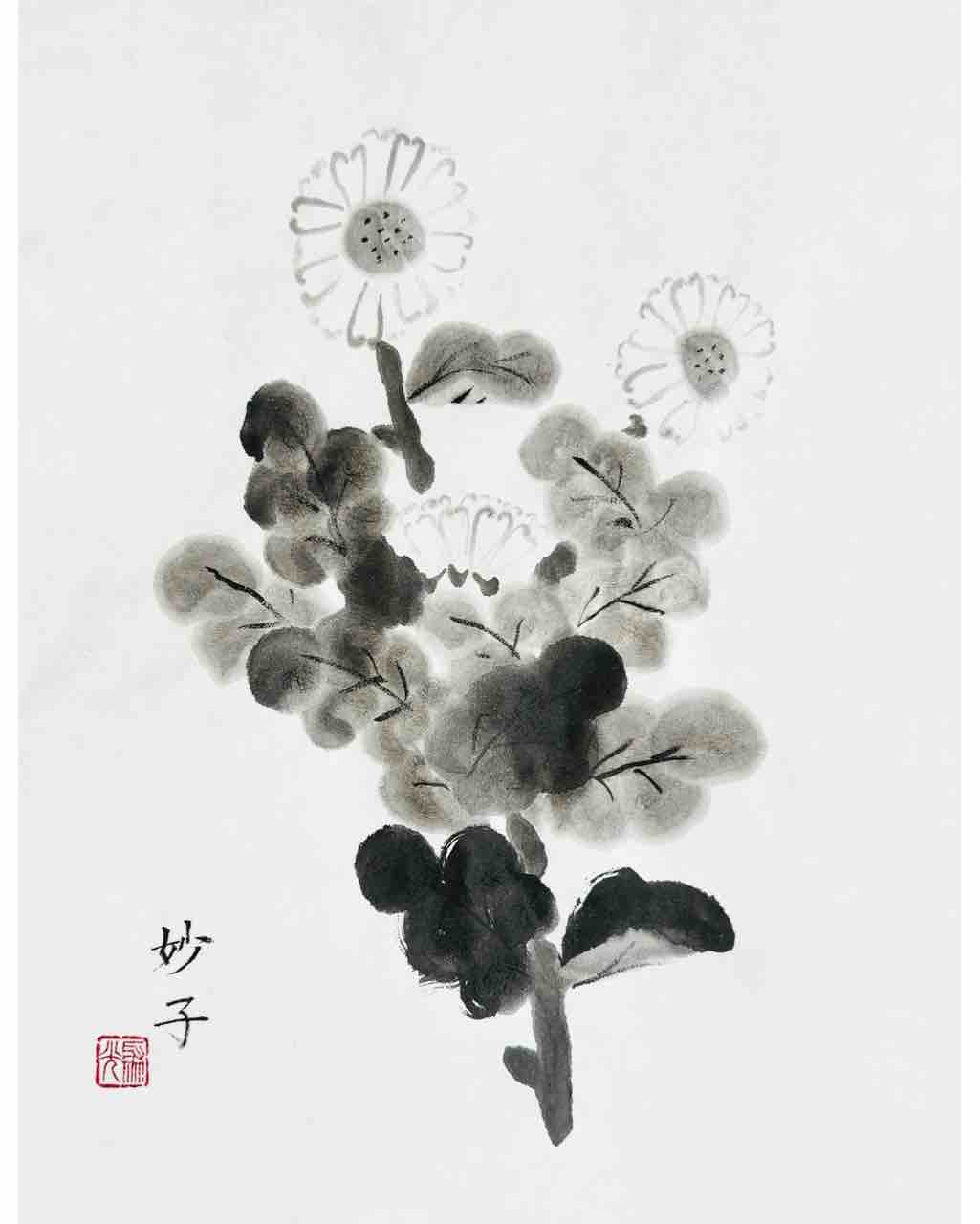 古い菊図水墨画 水墨画、菊 作品 拡大図 趣味の水墨画の作品