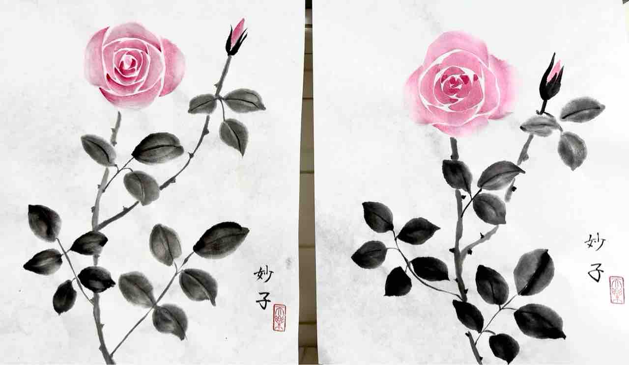 西日暮里教室と用賀基礎クラス 薔薇を描く : 橙月水墨画教室 Sumi-e