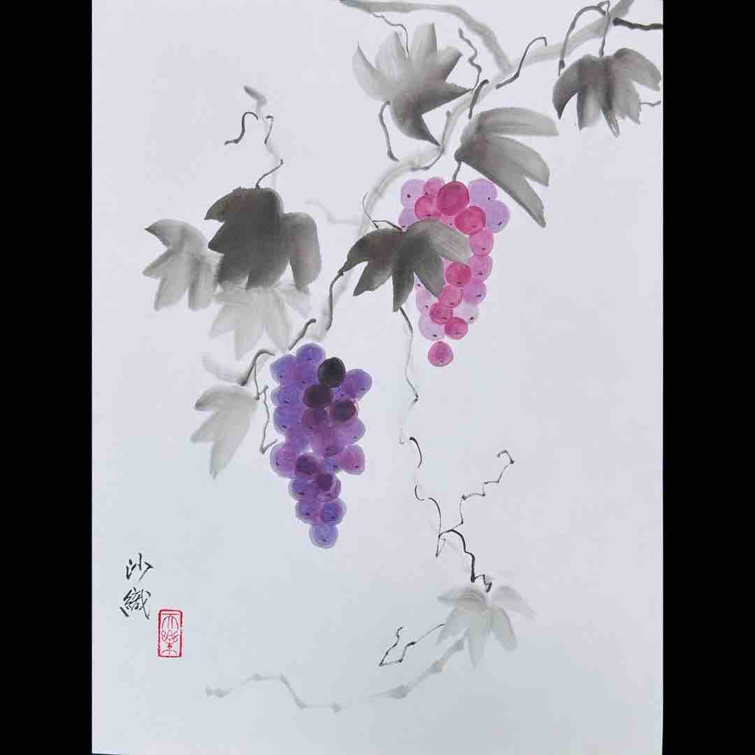 葡萄 鳥 水墨画 93x47cm 額入り お茶席 楽観有り 酸っぱく 孤舟