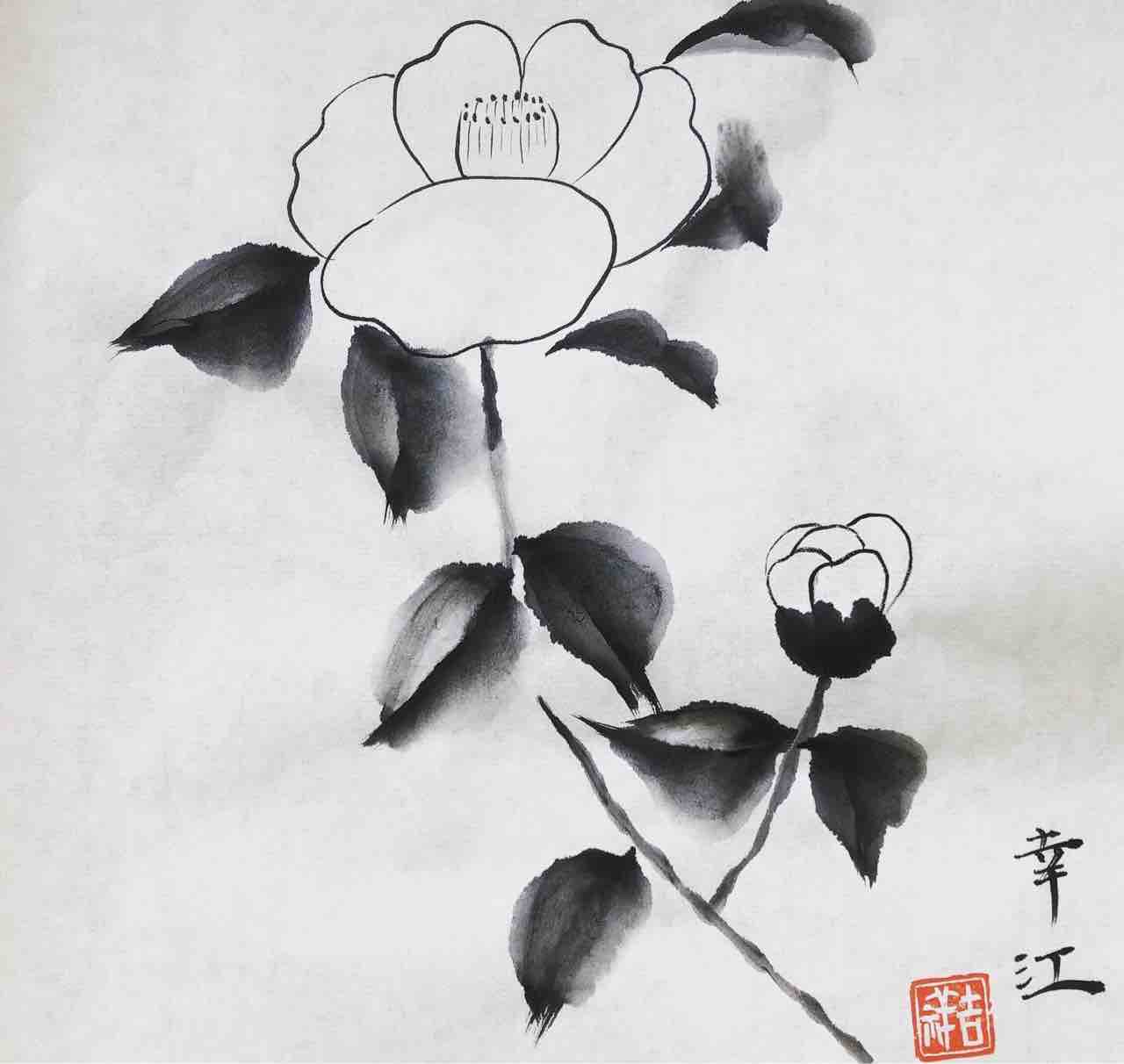 西日暮里クラス 椿を描く : 橙月水墨画教室 Sumi-e class in Tokyo