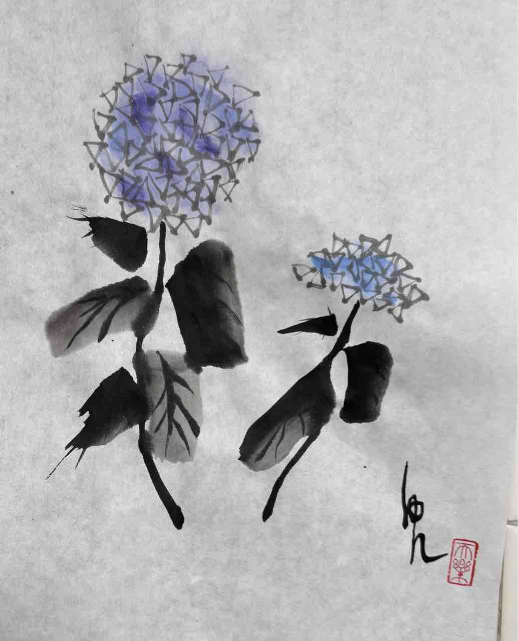 用賀金曜教室 紫陽花を描く : 橙月水墨画教室 Sumi-e class in Tokyo