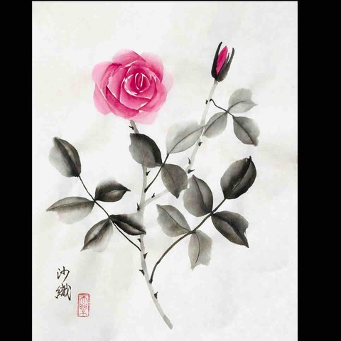 暖簾『薔薇』水墨画家による肉筆 一点物
