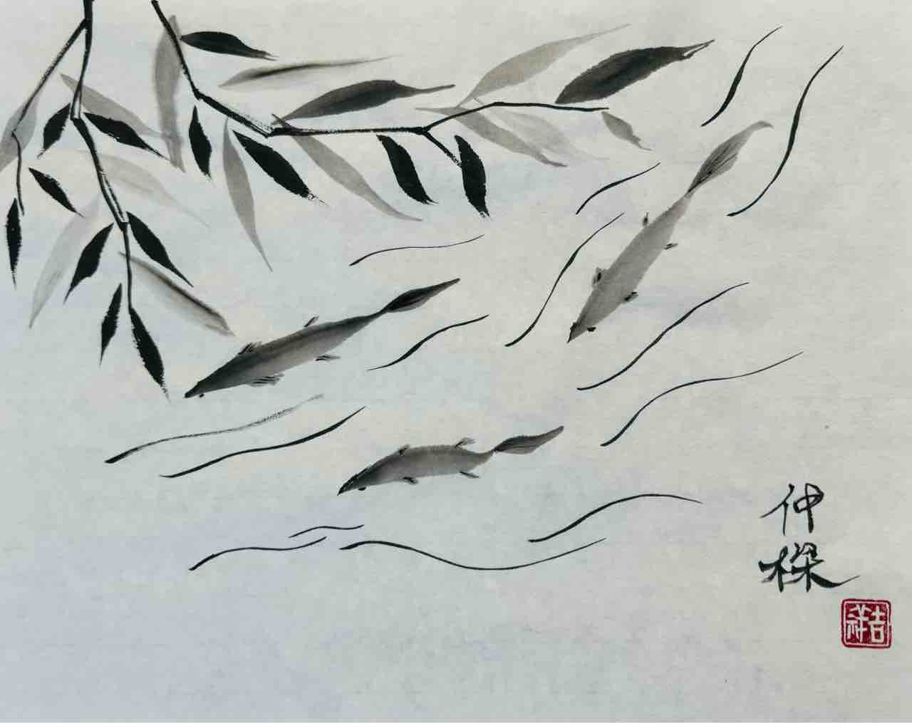 色紙水墨画　河童の魚釣り 色紙水墨画 河童の魚釣り