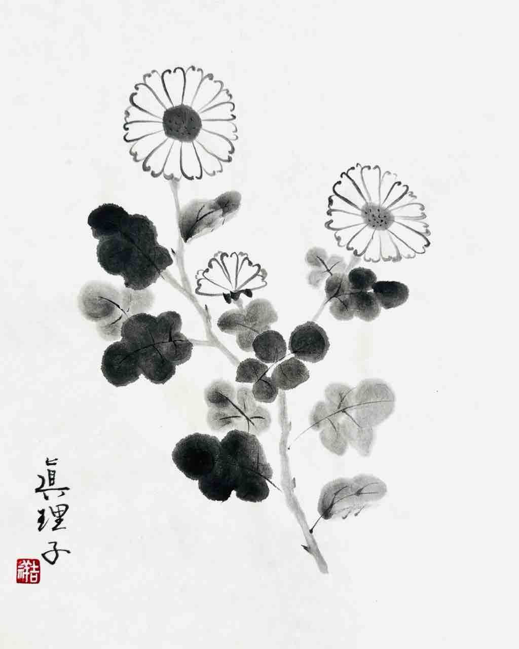 古い菊図水墨画 用賀教室（日曜と金曜）基礎クラス 菊を描く : 橙月水墨画教室