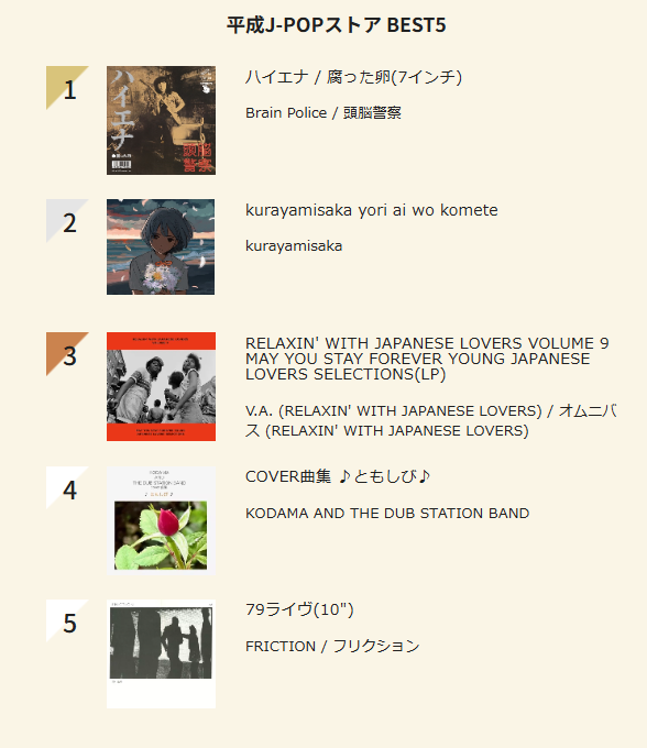 平成J-POP週間チャート 9/12付【平成J-POPストア BEST5