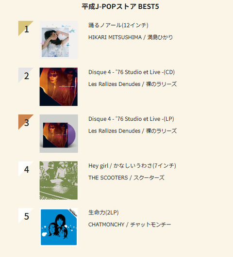 平成J-POP週間チャート 4/22付【平成J-POPストア BEST5】 : ディスク