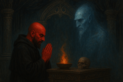 お寺で祈る僧侶と霊