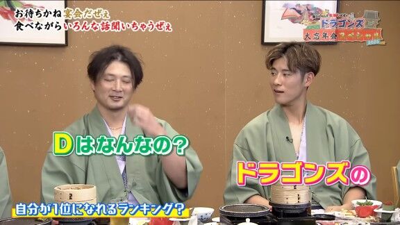 中日・上林誠知「半分の♡とDっていう意味ですよ、ドラゴンズの」 涌井秀章「Dはなんの?」 上林誠知「ドラゴンズの」 涌井秀章「(笑)」
