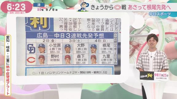8月2日(金)からのセ・リーグ公式戦「広島vs.中日」3連戦、両チームの先発予想が…