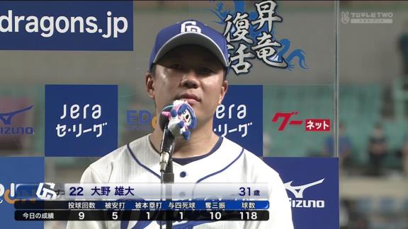 これぞエース！　中日・大野雄大、9回1失点10奪三振の快投で2試合連続完投勝利！「どんどん巻き返せるように頑張ります」　与田監督「勝てなくても黙々と投げる姿がエース。これからも頼りにしている」【投球結果】