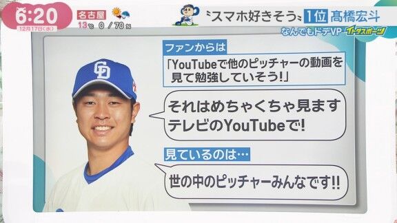 中日・高橋宏斗、YouTubeで「めちゃくちゃ見ます」と語るのが…