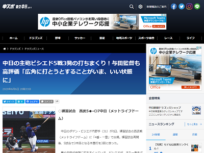 中日の主砲・ビシエド、5戦3発と打ちまくる！　6月練習試合での打率は驚異の.438！【全打席結果】