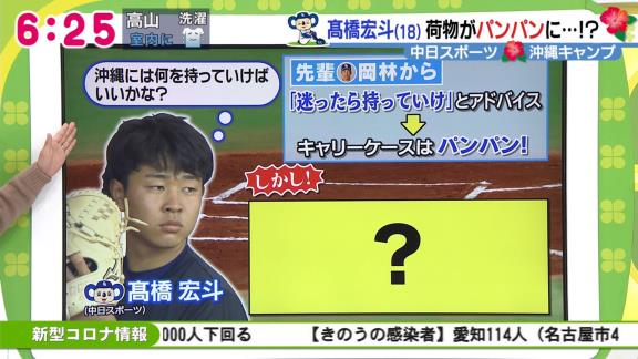 中日・岡林勇希選手「沖縄キャンプには迷ったらとりあえず持っていけ」　ドラ1・高橋宏斗投手「服がかなり多くなりました（苦笑）」 → 現在の高橋宏斗投手「球団から練習着やウェアが支給されて…」