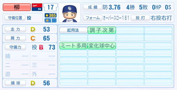 11月20日(木)『パワプロ2025』シーズン終了時点アップデート！！！　中日・柳裕也の最終的な選手能力査定