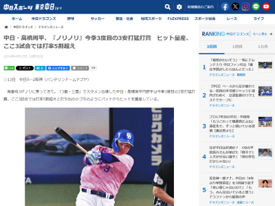 中日・高橋周平、最近3試合の成績が凄まじいことになる