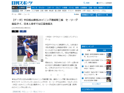 中日・松山晋也の連続奪三振イニング記録、江夏豊さんのセ・リーグ日本人投手記録を超える