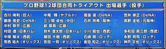 12月8日(水)　2021年プロ野球12球団合同トライアウト【投球結果、打席結果】　元中日・三ツ間卓也、武田健吾、小川龍也が参加