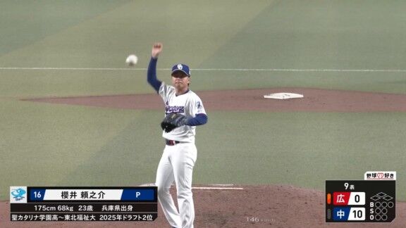 中日ドラフト2位・櫻井頼之介、1回三者凡退ピッチングで試合を締める「1軍の舞台で、より一層投げたいという気持ちが強くなった。もっと自分の長所を伸ばしていきたい」