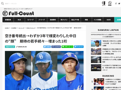 中日、3年間同じ1ケタ背番号をつけ続けている選手は現在2人に