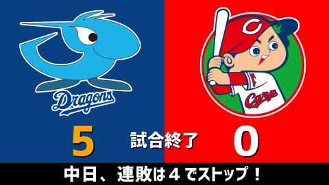 4月17日(土)　セ・リーグ公式戦「中日vs.広島」【試合結果、打席結果】　中日、5-0で快勝！連敗を4で止める！！！