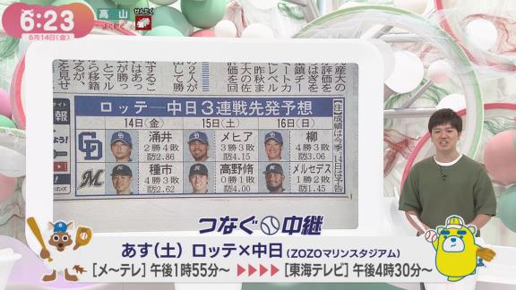 6月14日(金)からのセ・パ交流戦「ロッテvs.中日」3連戦、両チームの先発予想が…