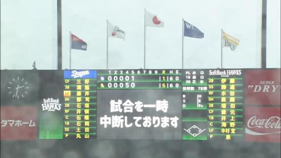 8月8日(日)　ファーム公式戦「ソフトバンクvs.中日」【試合結果、打席結果】　中日2軍、1-5で敗戦…　激しい雨が降り注ぎ、2試合連続の降雨コールド負け…