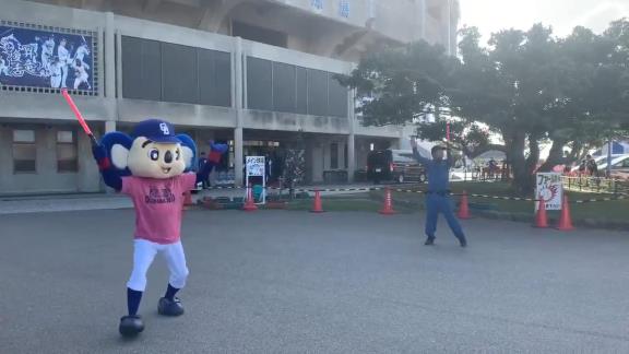 中日・ドアラ、バスを誘導する【動画】