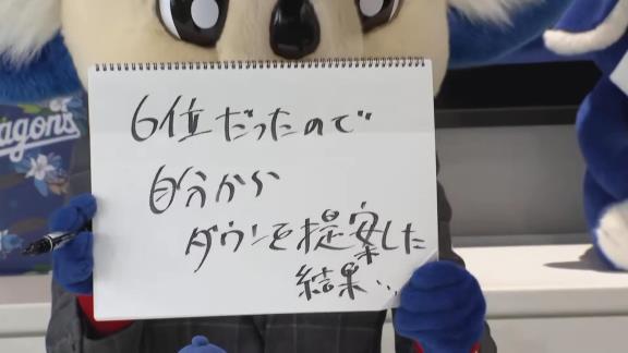 中日・ドアラ「6位だったので、自分からダウンを提安した結果…」　報道陣「提案の『案』が『安』という漢字になっていますが」　ドアラ「…！！！」