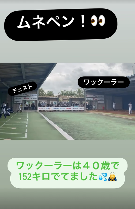 「チェストBOSS」が見守るなか、「チェスト」が「ワックーラー」のブルペン投球時に打席に立つ