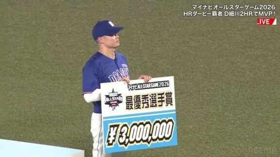 中日・細川成也、オールスターMVP受賞！！！　ホームランダービー優勝と共にダブル賞金ゲット！！！1日で計400万円＆新車！！！