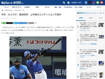 中日・カリステ、登録抹消理由は…