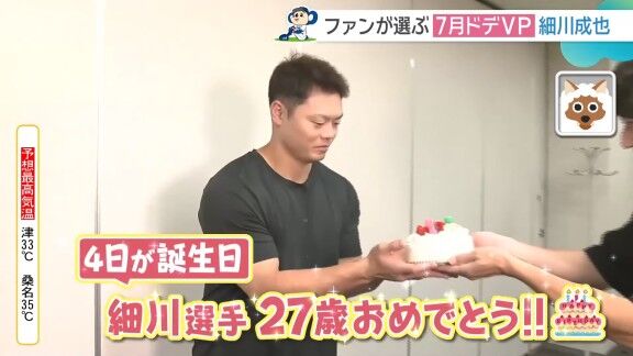 中日・細川成也、ケーキを食べてニッコリ笑顔