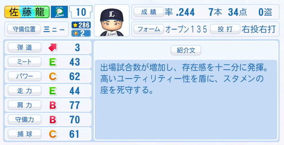 西武・佐藤龍世、6月2日(月)『パワプロ2025』アップデートでの選手能力査定