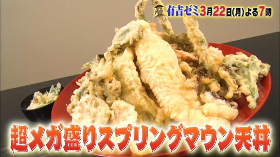 3月22日放送　有吉ゼミ　3.5kg超！超メガ盛り天丼に野球界から元中日・井端弘和＆ギャオス内藤が参戦！！！