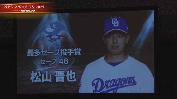 プロ野球年間表彰式『NPB AWARDS 2025 supported by リポビタンD』、中日・松山晋也が最多セーブ投手賞で表彰される！！！