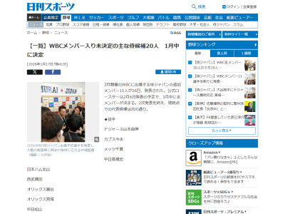 日刊スポーツが「WBCメンバー入り未決定の主な侍候補20人」として名前を挙げた選手一覧