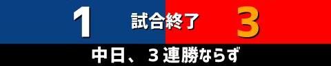 8月19日(木)　セ・リーグ公式戦「中日vs.広島」【試合結果、打席結果】　中日、1-3で敗戦…　投手陣が粘りを見せるも援護できず、連勝ストップ…