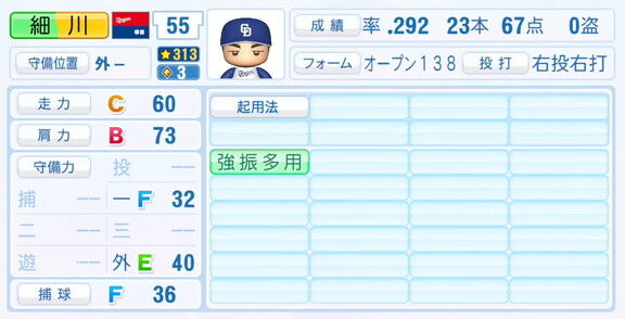 11月20日(木)『パワプロ2025』シーズン終了時点アップデート!!! 中日・細川成也の最終的な選手能力査定詳細