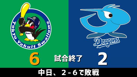 6月20日(土)　セ・リーグ公式戦「ヤクルトvs.中日」　スコア速報