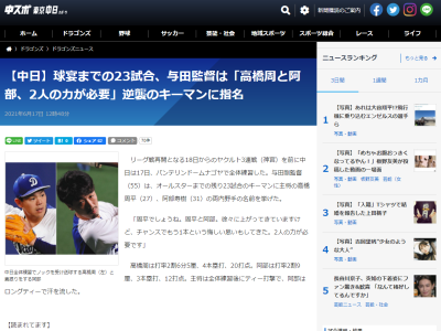 中日・与田監督「周平と阿部、この2人の力が必要です」