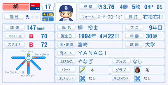 11月20日(木)『パワプロ2025』シーズン終了時点アップデート！！！　中日・柳裕也の最終的な選手能力査定