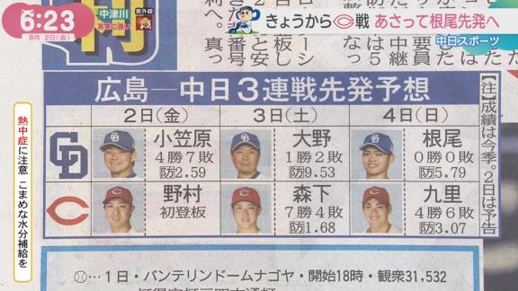 8月2日(金)からのセ・リーグ公式戦「広島vs.中日」3連戦、両チームの先発予想が…