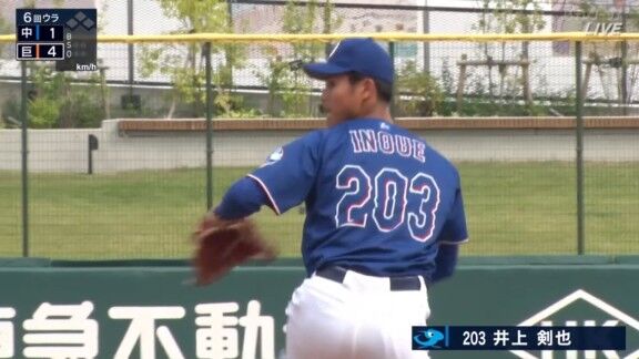 中日・井上剣也、今日の登板結果