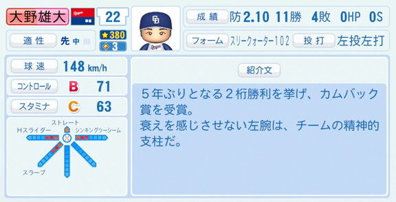 中日・大野雄大、『パワプロ2026』8月20日(木)アップデートでの選手能力査定は…？