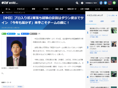 中日・京田陽太、300万円ダウンの年俸6400万円でサイン…「球団からはチームの顔になってほしいと毎年言われますけど、今年もそれに届かなかった。ドラゴンズと言えば京田と言われるように頑張りたい」